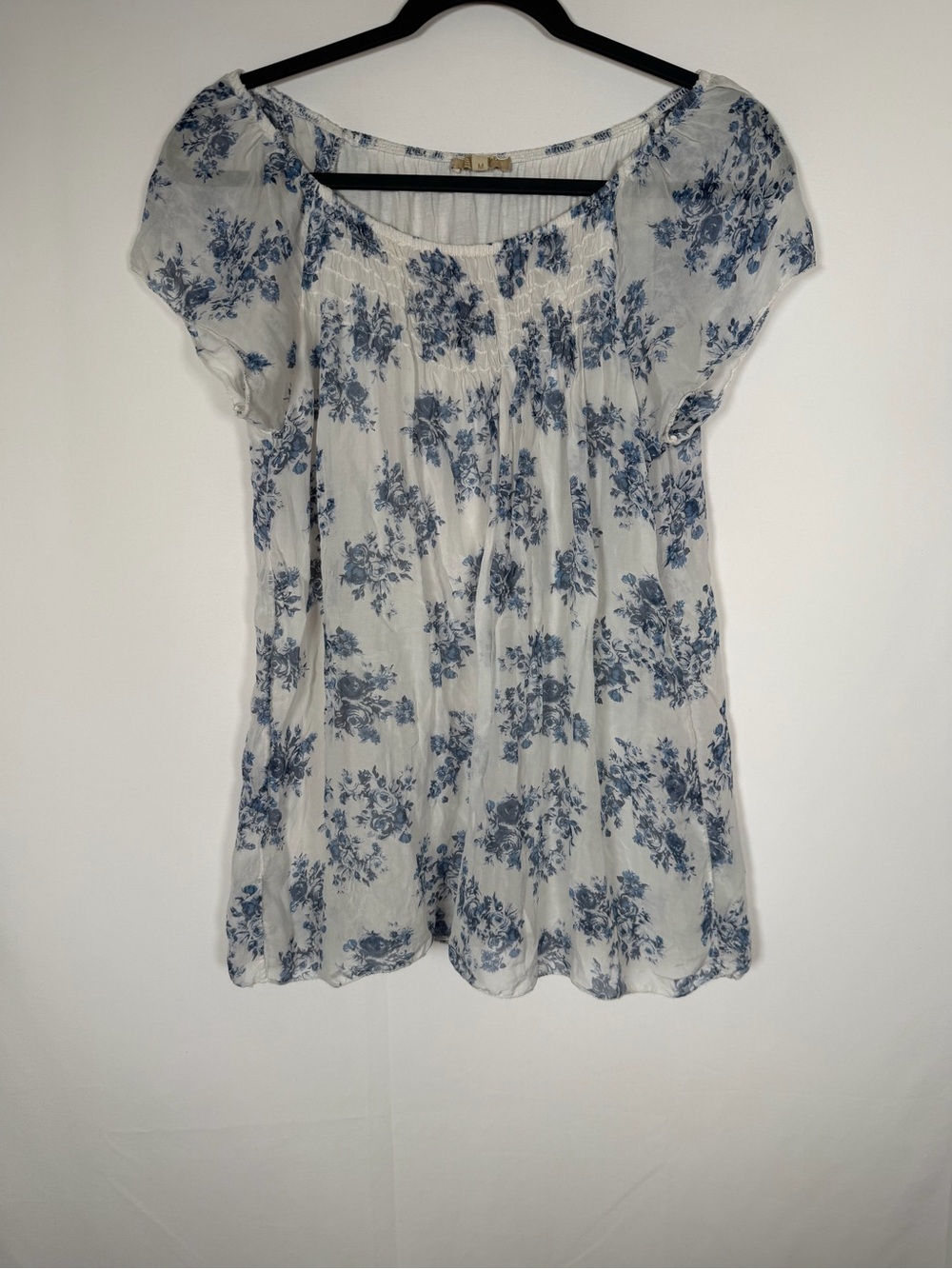 Blue Floral Peasant Blouse - Women’s Lightweight Top - Silk, Euro Summer‎